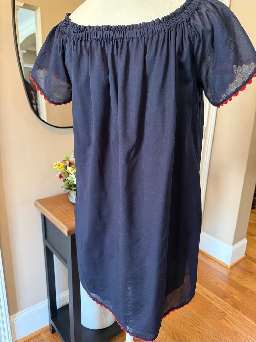 Tory Burch Embroidered On or Off Shoulder Peasant Tunic Dress Navy Size Small